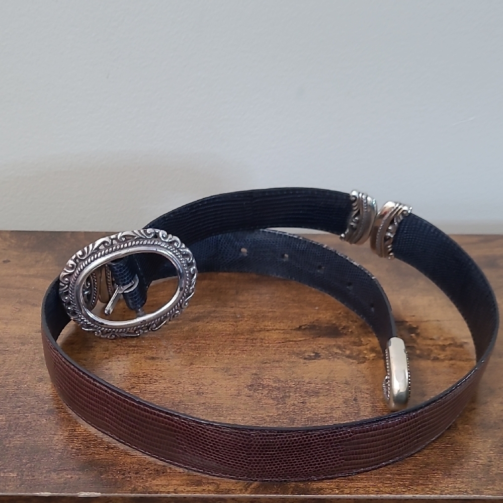 Brighton Brown & Black Reversible Embossed Leather Belt with Silver Buckle (M)